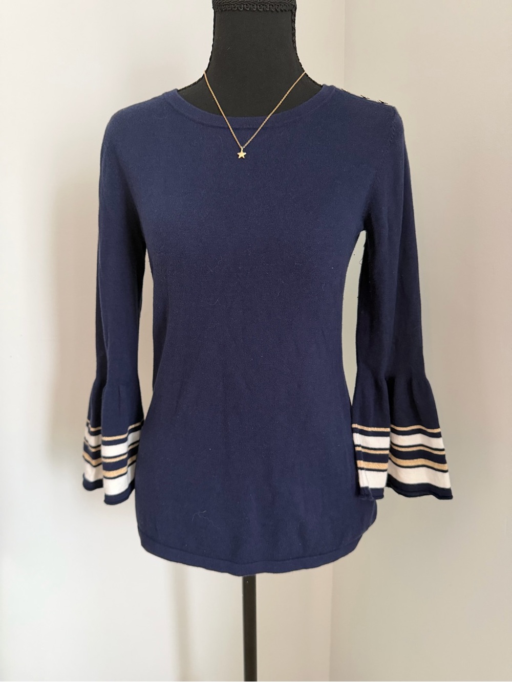 Lilly Pulitzer Navy Blue Bell Sleeve Sweater XS Striped Gold Button Knit Top